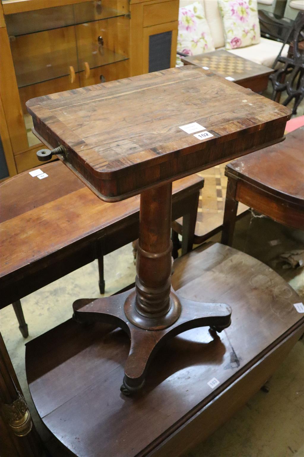 A Victorian rosewood and mahogany work table, width 54cm including sconces, depth 55cm, height 76cm